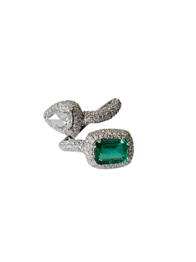 Zambian Emerald & Rose Cut Diamond Ring - 18k White Gold Handmade Wedding Ring Hover Image