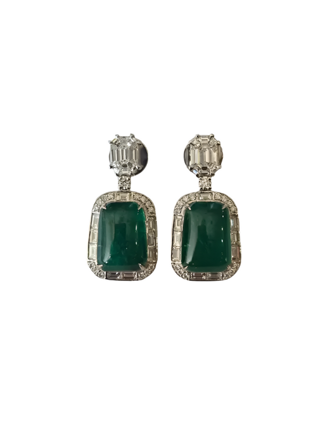 Emerald Cabochons & Diamonds Dangle Earrings - 18k White Gold Handmade Women Earrings Hover Image
