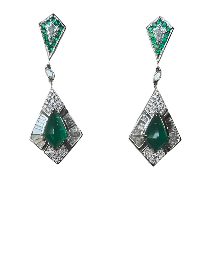 Natural Zambian Emerald Dangle Earrings - 18k White Gold Diamond Handmade Earrings Hover Image