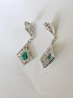 Natural Zambian Emerald Dangle Earrings - 18k White Gold Diamond Handmade Earrings