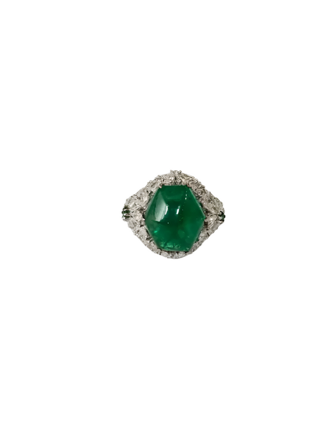 Natural 8.08 Ct. Zambian Emerald Cocktail Ring - 18k White Gold Diamond Wedding Ring Hover Image