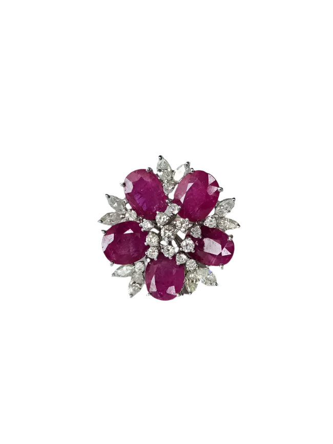 Natural Mozambique Ruby & Diamond Statement Ring - 18k White Gold Handmade Cocktail Ring Hover Image