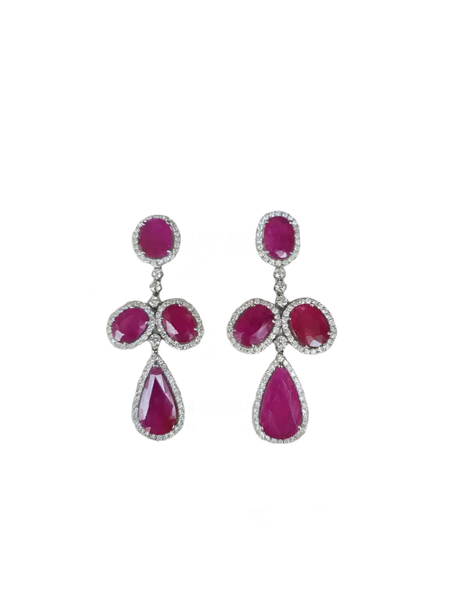 18k White Gold Diamond Dangle Earrings - Natural Mozambique Ruby Gemstone Wedding Earrings Hover Image