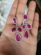 18k White Gold Diamond Dangle Earrings - Natural Mozambique Ruby Gemstone Wedding Earrings