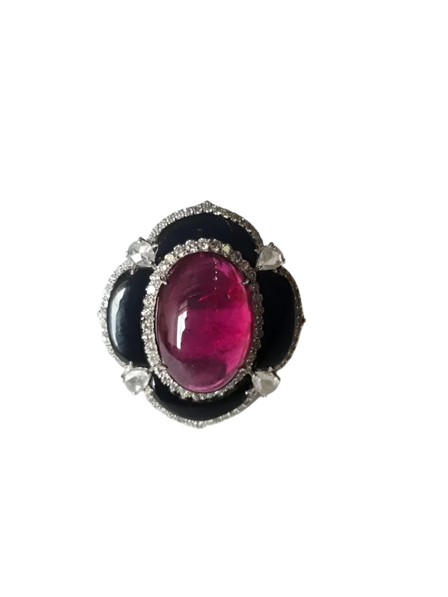 Natural Tourmaline & Black Onyx Cocktail Ring - 18k White Gold Diamond Handmade Ring Hover Image
