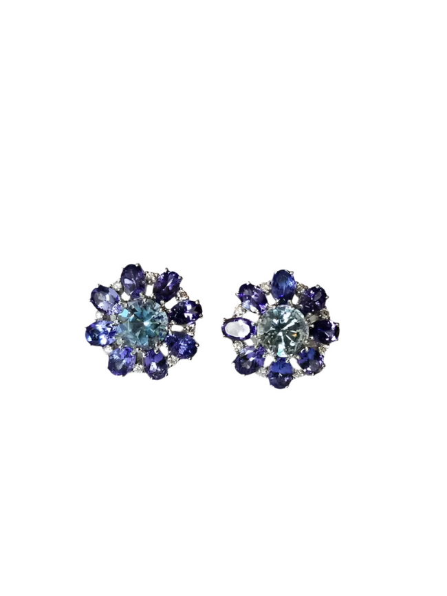 Natural Aquamarine & Tanzanite Gemstone Stud Earrings - 18k White Gold Diamond Handmade Earrings Hover Image