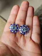 Natural Aquamarine & Tanzanite Gemstone Stud Earrings - 18k White Gold Diamond Handmade Earrings