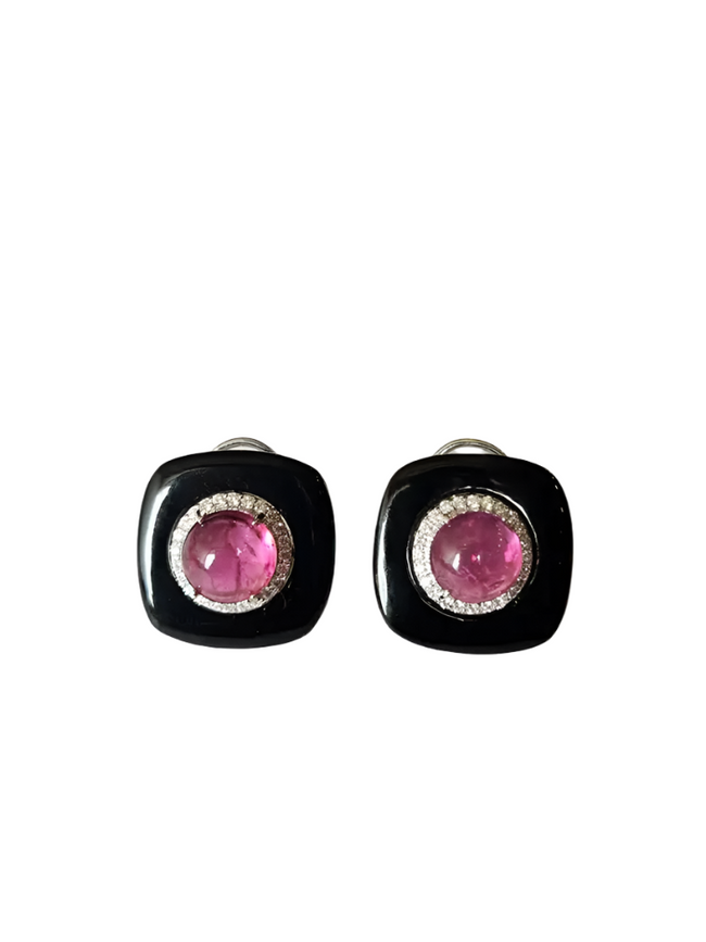 18k White Gold Diamond Stud Earrings - Natural Rubellite & Black Onyx Daily Wear Earrings Hover Image