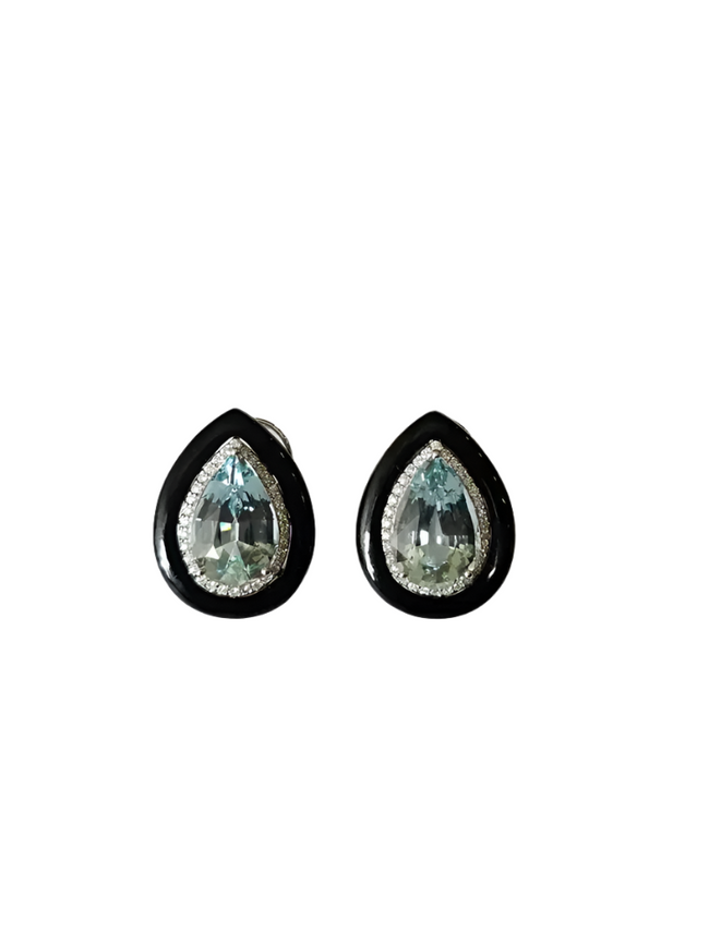 Pear Shape Aquamarine Stud Earrings - 18k White Gold Diamond Handmade Earrings Hover Image