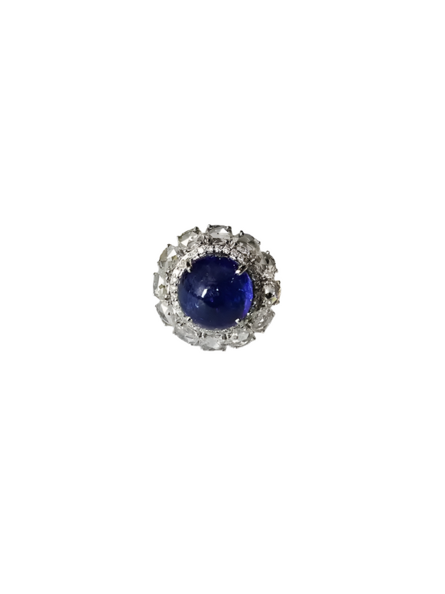 Natural Round Tanzanite & Rose Cut Diamond Cocktail Ring - 18k White Gold Anniversary Gift Ring Hover Image