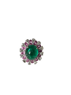 Solid 18k White Gold Handmade Cocktail Ring - Natural Zambian Emerald & Pink Sapphire Ring