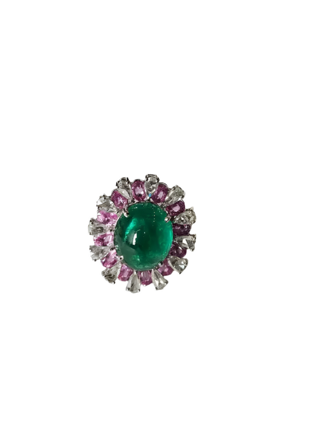 Solid 18k White Gold Handmade Cocktail Ring - Natural Zambian Emerald & Pink Sapphire Ring Hover Image