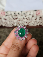 Solid 18k White Gold Handmade Cocktail Ring - Natural Zambian Emerald & Pink Sapphire Ring
