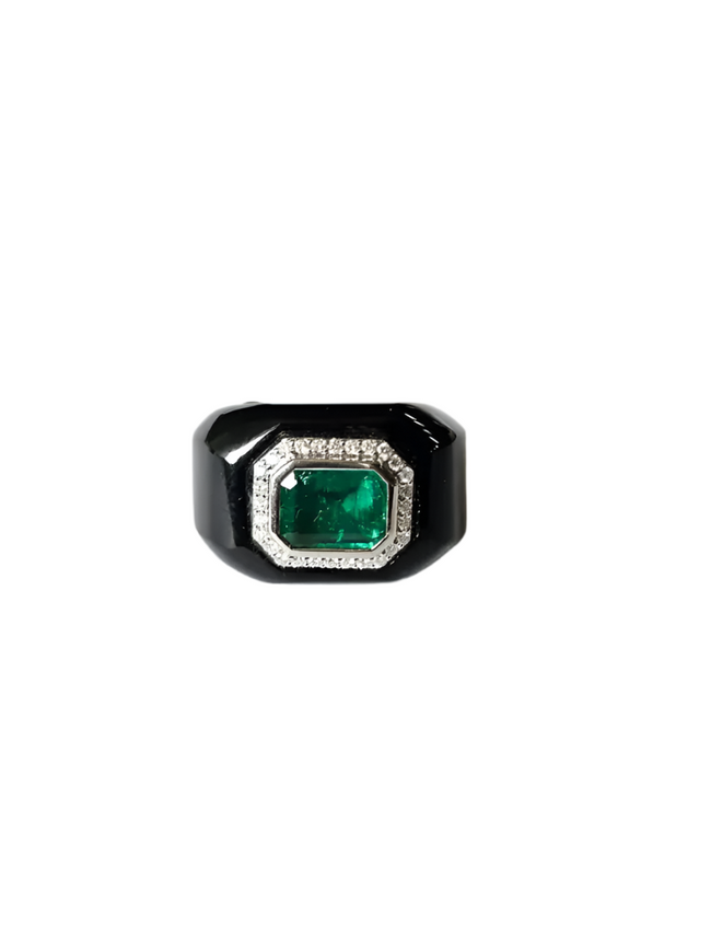 18k White Gold Diamond Ring - Natural Zambian Emerald & Black Onyx Wedding Ring Hover Image