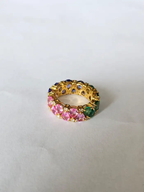 Natural Pink Sapphire, Zambian Emerald & Tanzanite Band Ring - 18k Yellow Gold Diamond Wedding Ring