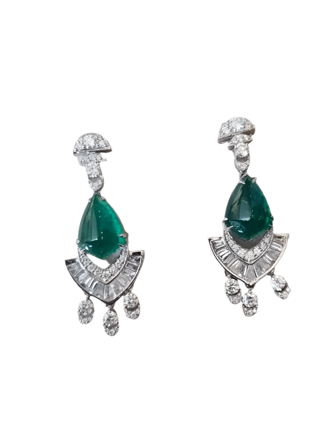 18k White Gold Handmade Dangle Earrings - Natural Zambian Emerald & Diamond Women Earrings Hover Image
