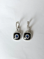 Natural Blue Sapphire & Black Onyx Earrings - 18k White Gold Diamond Earrings