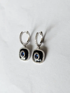 Natural Blue Sapphire & Black Onyx Earrings - 18k White Gold Diamond Earrings