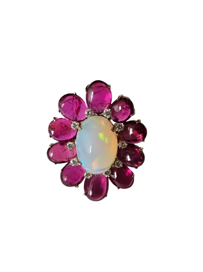 Natural Ethiopian Opal & Tourmaline Cocktail Ring - 18k White Gold Diamond Ring Hover Image