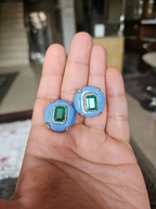 Natural Zambian Emerald & Blue Opal Stud Earrings - 18k White Gold Diamond Earrings