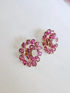 Natural Ceylon Pink Sapphire Floral Stud Earrings - 18k Rose Gold Diamond Stud Earrings