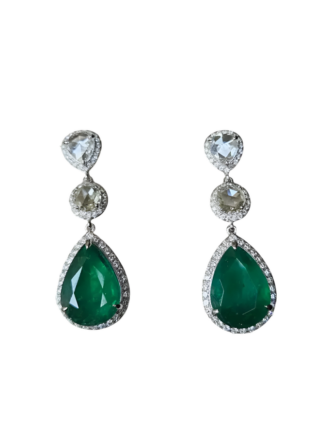 12.36 Ct. Natural Zambian Emerald Dangle Gold Earrings - 18k White Gold & Rose Cut Diamond Earrings Hover Image