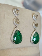 12.36 Ct. Natural Zambian Emerald Dangle Gold Earrings - 18k White Gold & Rose Cut Diamond Earrings