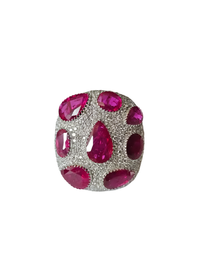 Natural Mozambique Ruby & Diamond Dome Ring - 18k White Gold Handmade Statement Ring Hover Image