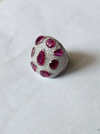 Natural Mozambique Ruby & Diamond Dome Ring - 18k White Gold Handmade Statement Ring