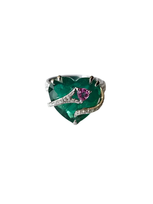 Heart Shape Zambian Emerald Gold Ring - 18k White Gold & Pink Sapphire Engagement Ring Hover Image