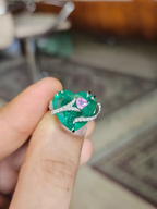 Heart Shape Zambian Emerald Gold Ring - 18k White Gold & Pink Sapphire Engagement Ring
