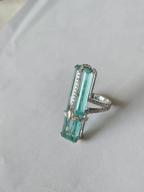 Natural Emerald & Rose Cut Diamond Wedding Ring - 18k White Gold Diamond Ring