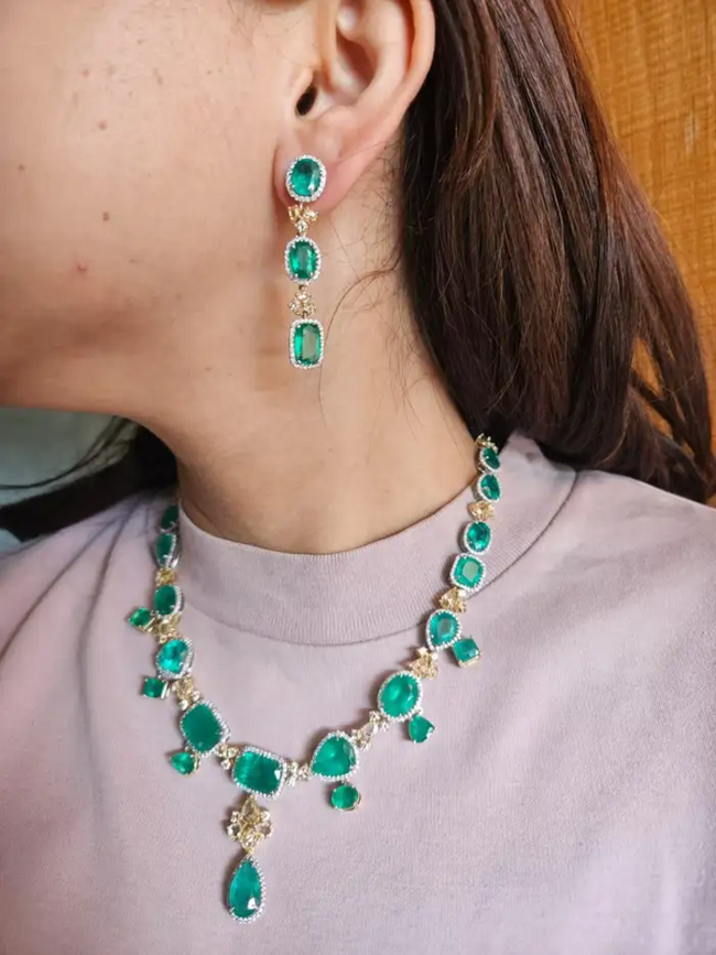 84.76 carats, Zambian Emeralds & Yellow Rose Cut Diamonds Necklace & Earrings Main Image