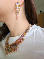 18k Rose Gold Necklace Earrings Set - Natural Multi Sapphire & Diamond Wedding Jewelry
