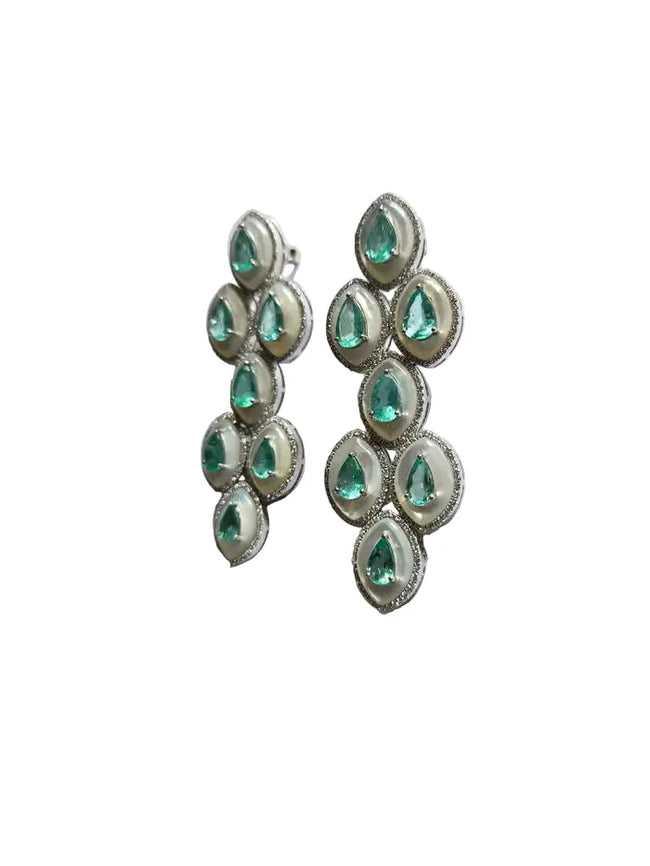 18k White Gold Handmade Chandelier Earring - Natural Colombian Emerald & Mother of Pearl Earrings Hover Image
