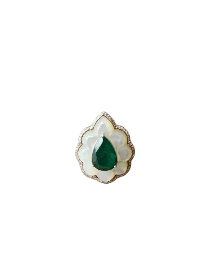 Natural Zambian Emerald & Mother of Pearl Cocktail Ring - 18k Yellow Gold Diamond Wedding Ring Hover Image