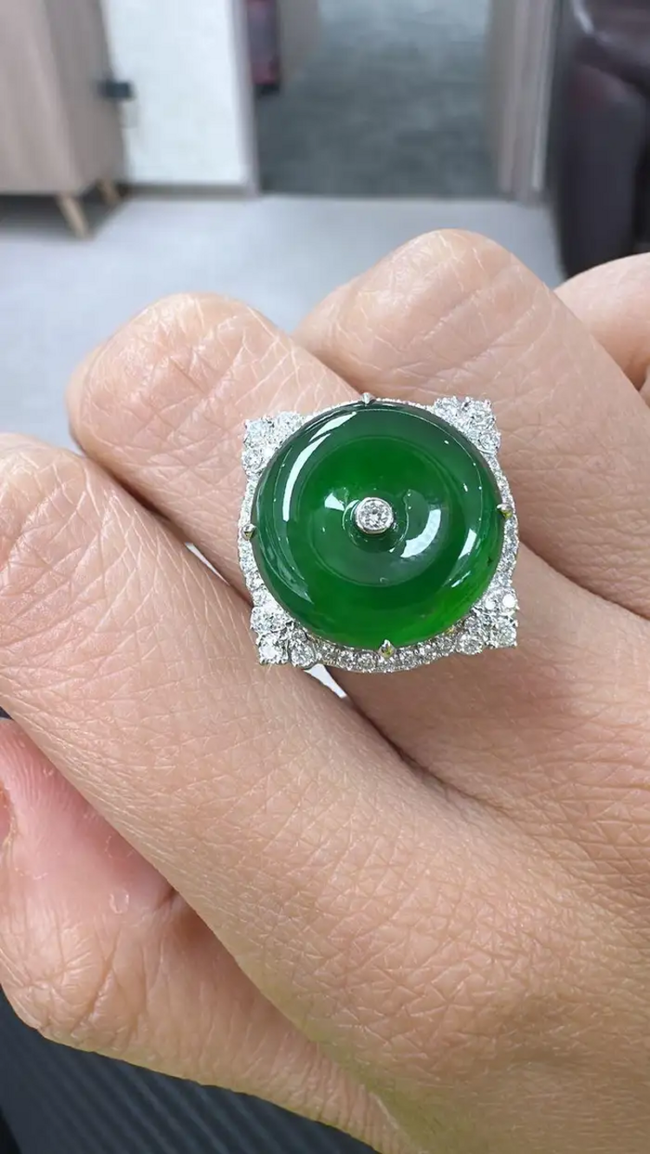 Jadeite Jade & Diamonds Engagement Ring - 18k White Gold Diamond Ring Main Image