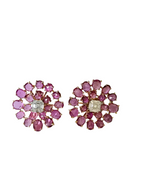 Natural Ceylon Pink Sapphire Floral Stud Earrings - 18k Rose Gold Diamond Stud Earrings