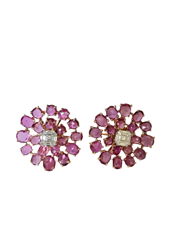 Natural Ceylon Pink Sapphire Floral Stud Earrings - 18k Rose Gold Diamond Stud Earrings Hover Image