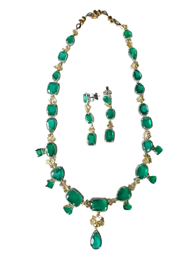 84.76 carats, Zambian Emeralds & Yellow Rose Cut Diamonds Necklace & Earrings Hover Image