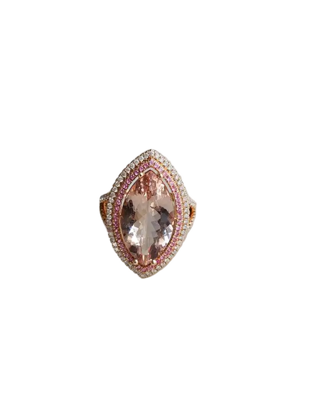 18k Rose Gold Diamond Cocktail Ring - Natural Morganite & Pink Sapphire Gemstone Ring Hover Image