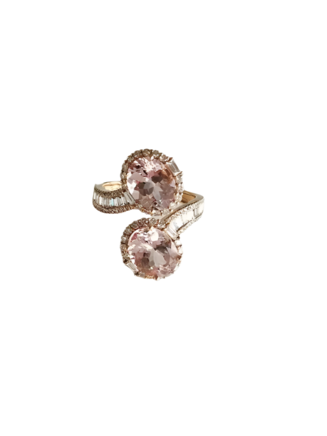 Natural Morganite & Tapered Diamond Wrap Ring - Handmade 18k Rose Gold Toi et Moi Ring Hover Image