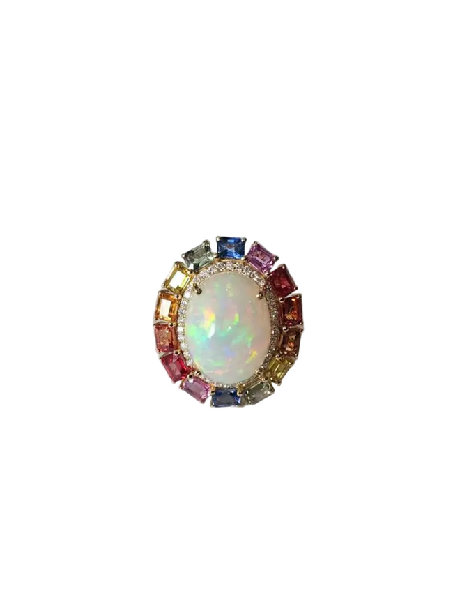 Ethiopian Opal & Multi Sapphire Cocktail Ring - 18k Gold Diamond Wedding Ring Hover Image
