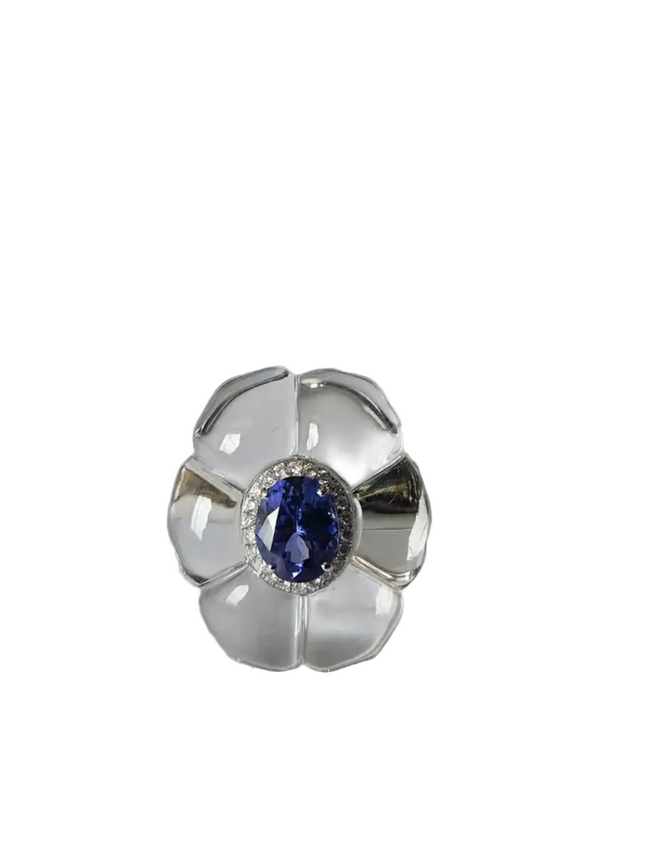 18k White Gold Diamond Cocktail Ring - Natural Tanzanite & Crystal Anniversary Gift Ring Hover Image