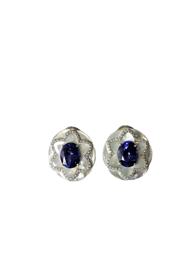 Natural Tanzanite & Mother Of Pearl Stud Earrings - 18k White Gold Diamond Earrings Hover Image