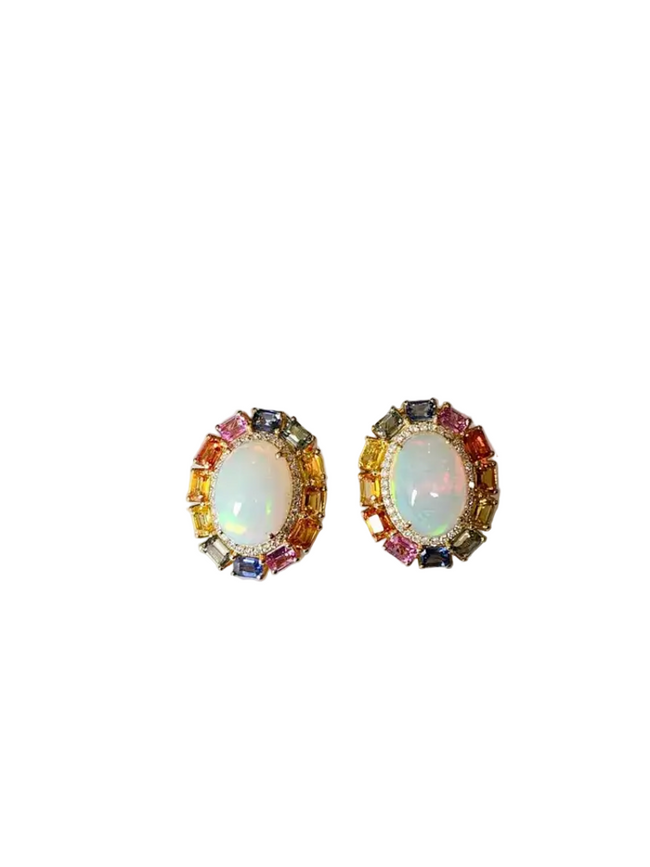 Ethiopian Opal & Ceylon Multi Sapphire Stud Earrings - 18k Yellow Gold Diamond Earrings Hover Image