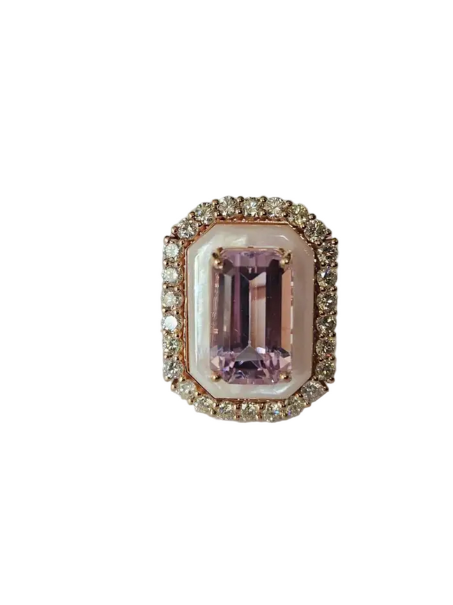 18k Rose Gold Diamond Handmade Ring - Natural Kunzite & Mother Of Pearl Cocktail Ring Hover Image