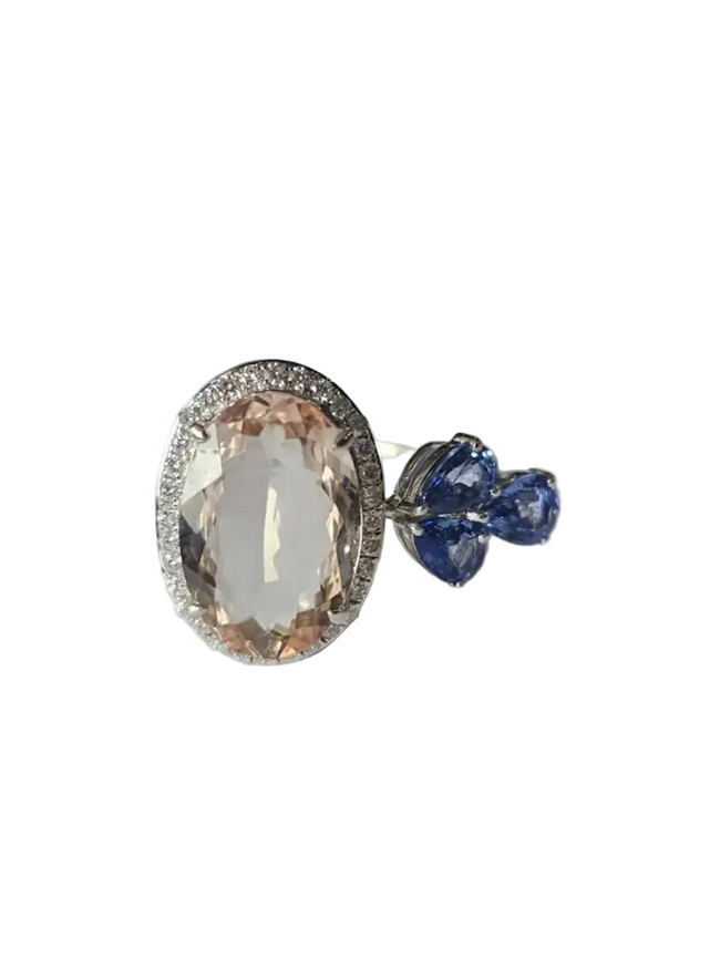 Natural Morganite, Blue Sapphire & Diamond Cocktail Ring - 18k White Gold Diamond Ring Hover Image