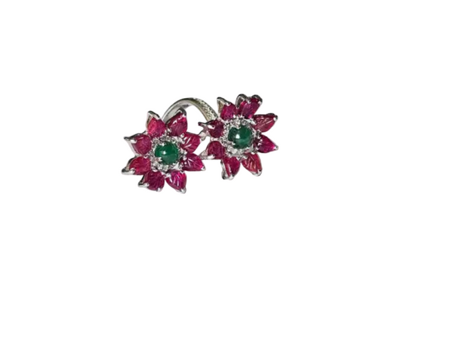 18k White Gold Diamond Toi et Moi Ring - Natural Ruby & Zambian Emerald Wrap Ring Hover Image