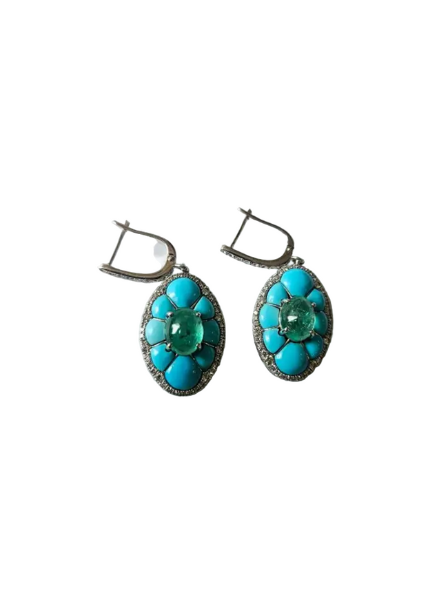 18k White Gold Diamond Dangle Earrings - Natural Emerald & Turquoise Gemstone Earrings Hover Image